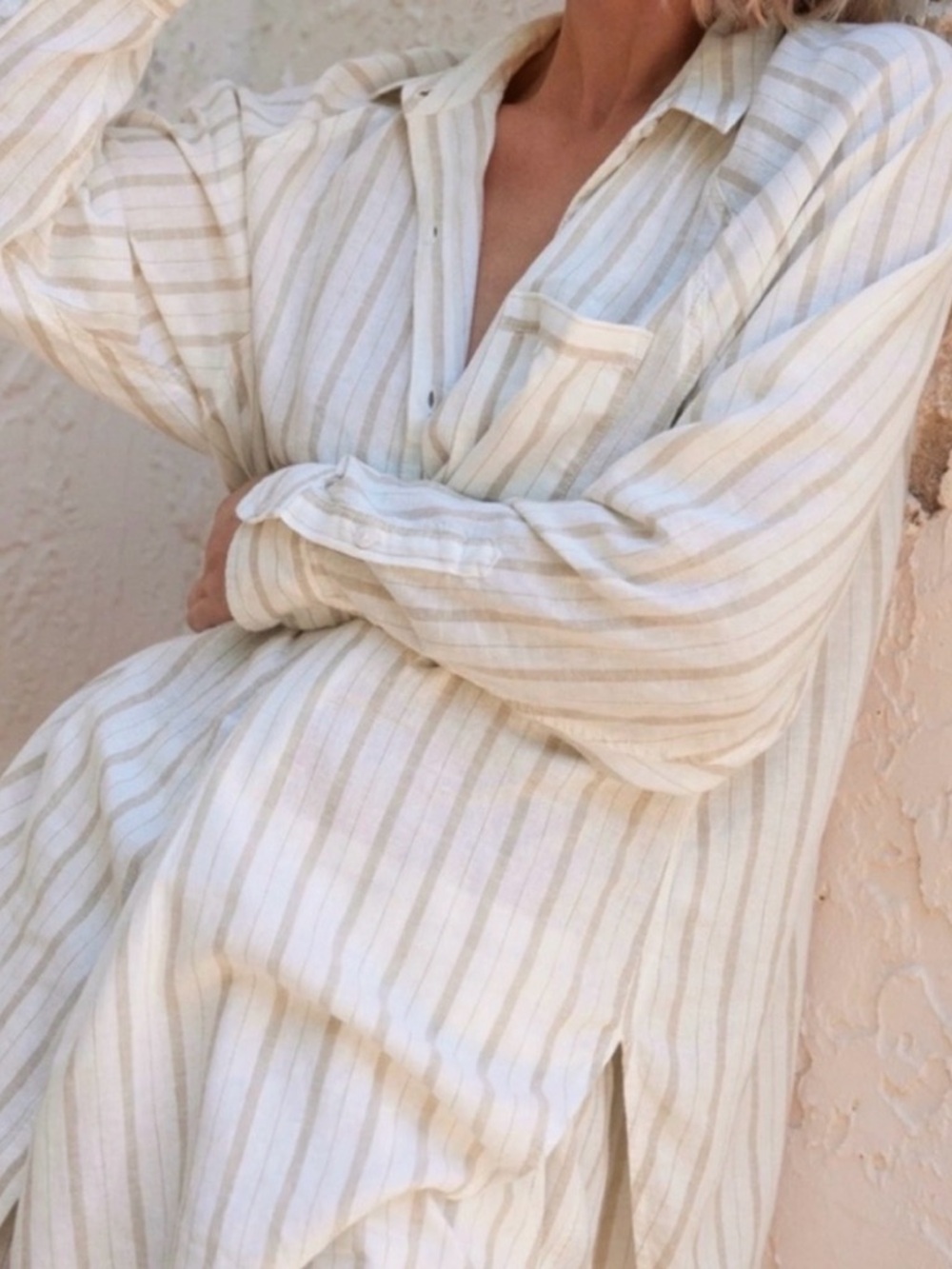 Aerie Linen Blend Button-Up Oversized Top in Cream & Taupe